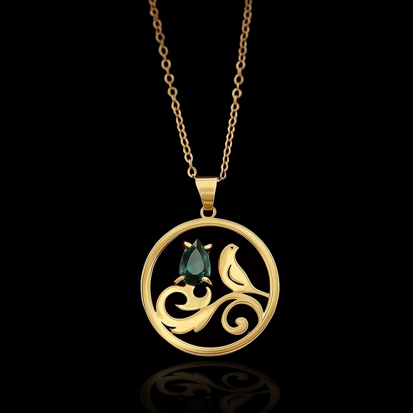 Brass Bird Jewelry Set with Green Gemstones – Pendant Necklace and Earrings - Picture 5 of 7